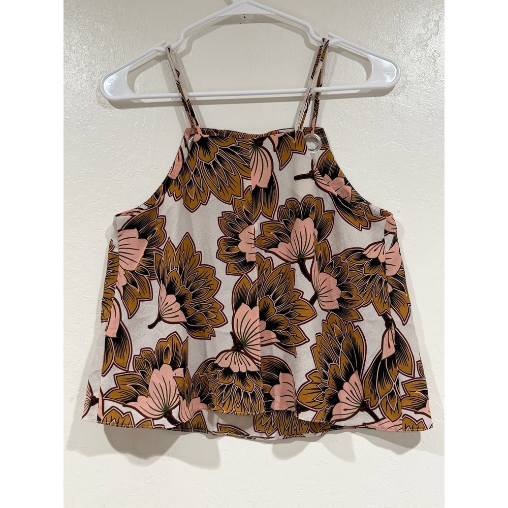 Topshop Petite Floral High Neck Grommet Cami Top Pink Yellow Black Size US 6 - Picture 3 of 6